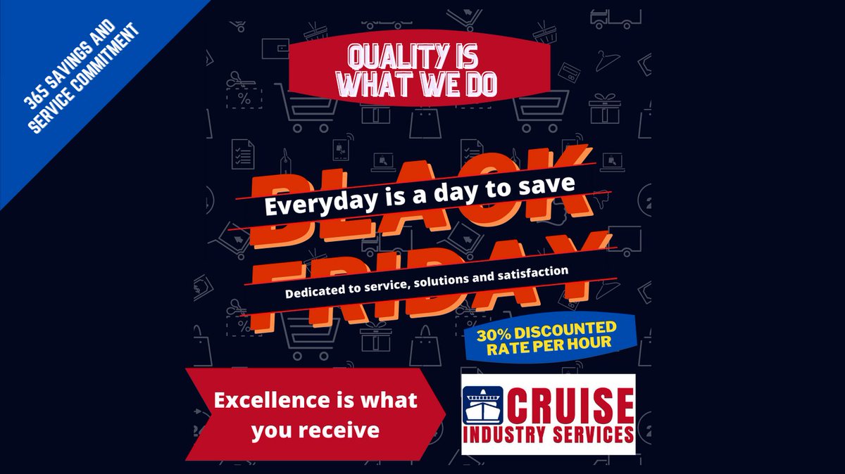 cruiseindustry1's tweet image. Black Friday Sale. Instead of one day. We had to offer it for one full week. What you get is amazing professional service. Our #projectquality guarantee and 30% off our hourly rate. Yes wow, what a deal. Contact us for details.
Offer valid until Friday, December 3, 2021