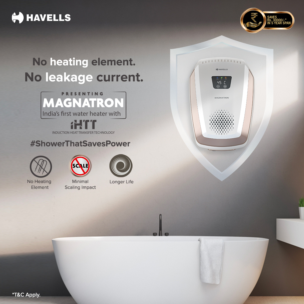 Havells on X: Havells Magnatron Water Heater has a smart enhanced safety  feature that ensures zero chance of any current leakage as there is no heating  element immersed in water. Buy now-