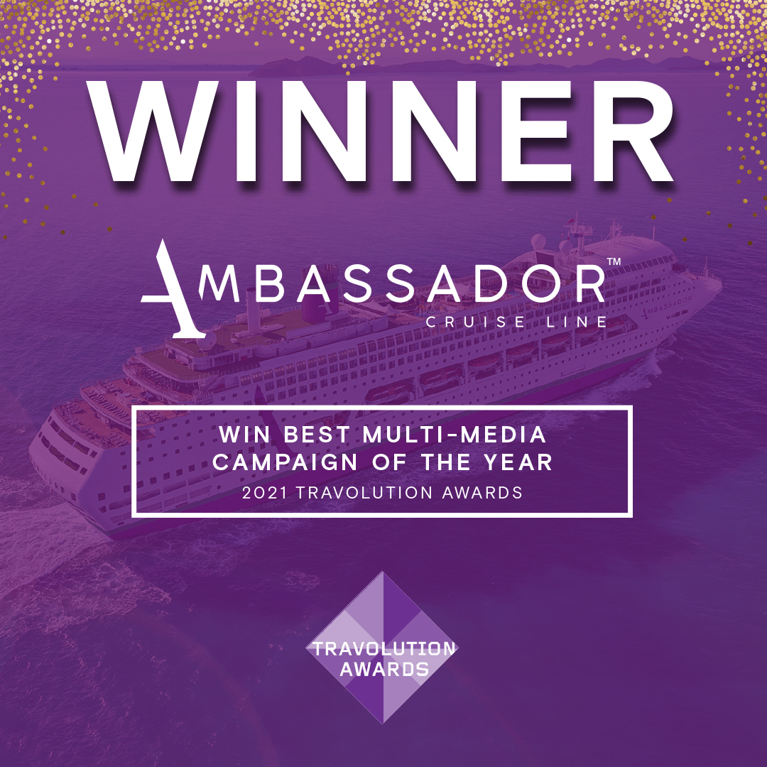 Winners!! Our client Ambassador Cruise Line win Best Multi-Media Campaign of the year at the 2021 Travolution Awards! Well done to all the nominees and thank you to Travolution for a great night. #travel #cruise #ambassadorcruiseline