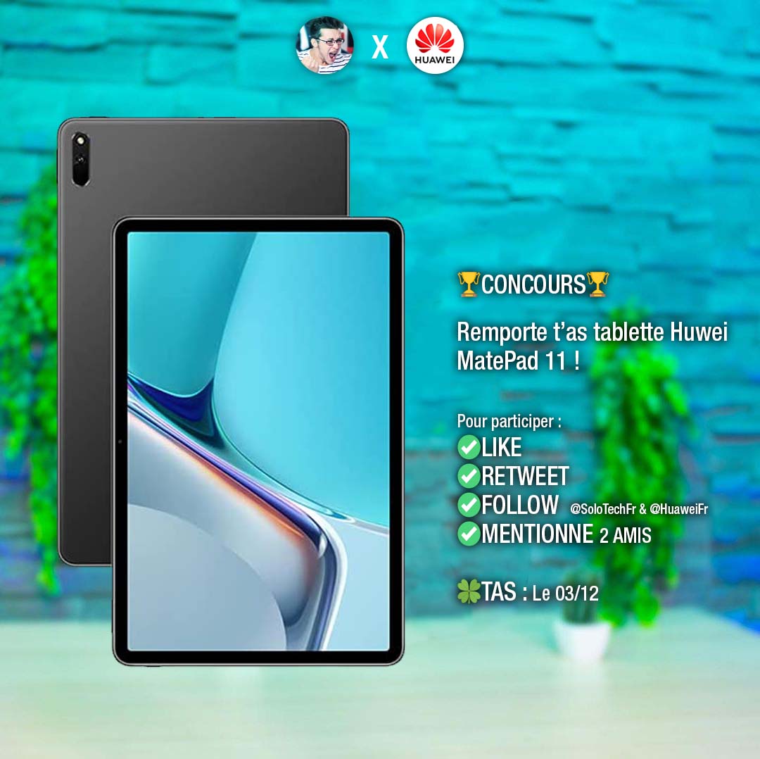 🎁CONCOURS🎁

Remporte t'as tablette Huawei MatePad 11 ! (399€)

👉youtu.be/kEtT-J42gcM

Pour participer:
✅LIKE
✅RETWEET
✅FOLLOW <a href="/SoloTechFr/">SoloTech</a>  &amp; <a href="/HuaweiFr/">Huawei France</a> 
✅MENTIONNE 2 amis

🔓TAS: Le 03/12
