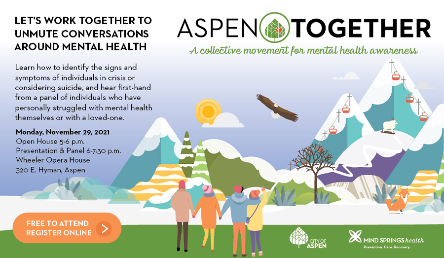 cityofaspen's tweet image. Hear from people right here #Aspen about what their #MentalHealth journey has been like, through struggles and overcoming barriers.

📍: @WheelerOpera 
📅: 11/29
🕕: 6 – 7:30 p.m.
ℹ️: cityofaspen.com/AspenTogether

The event is free to attend, but registration is required.