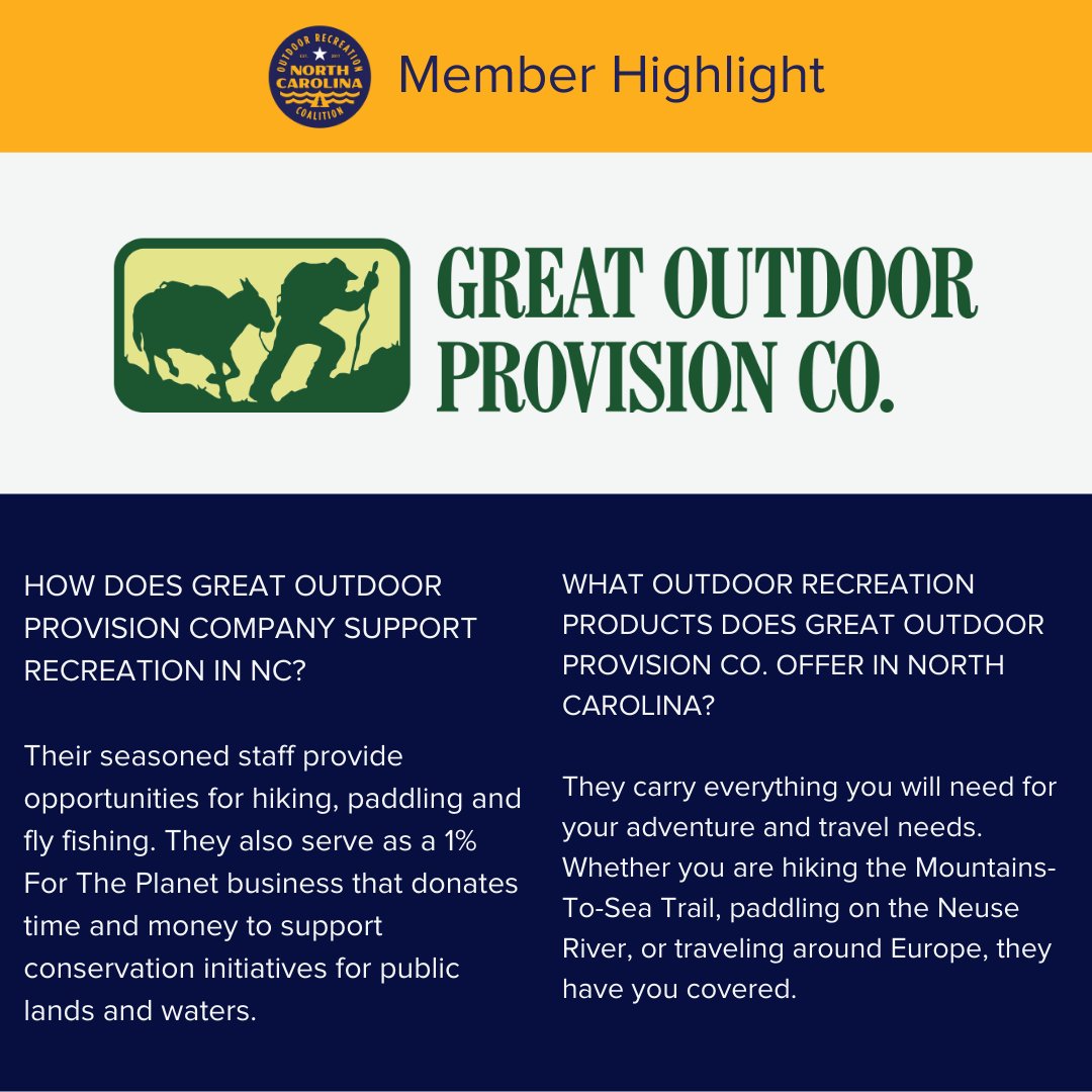 NCOutdoorRec's tweet photo. NC OREC Member Highlight: Great Outdoor Provision Company

Shop their products here: https://t.co/cA2Q6ojVYQ

#MemberHighlight #GOPC https://t.co/WmsKlexuqZ
