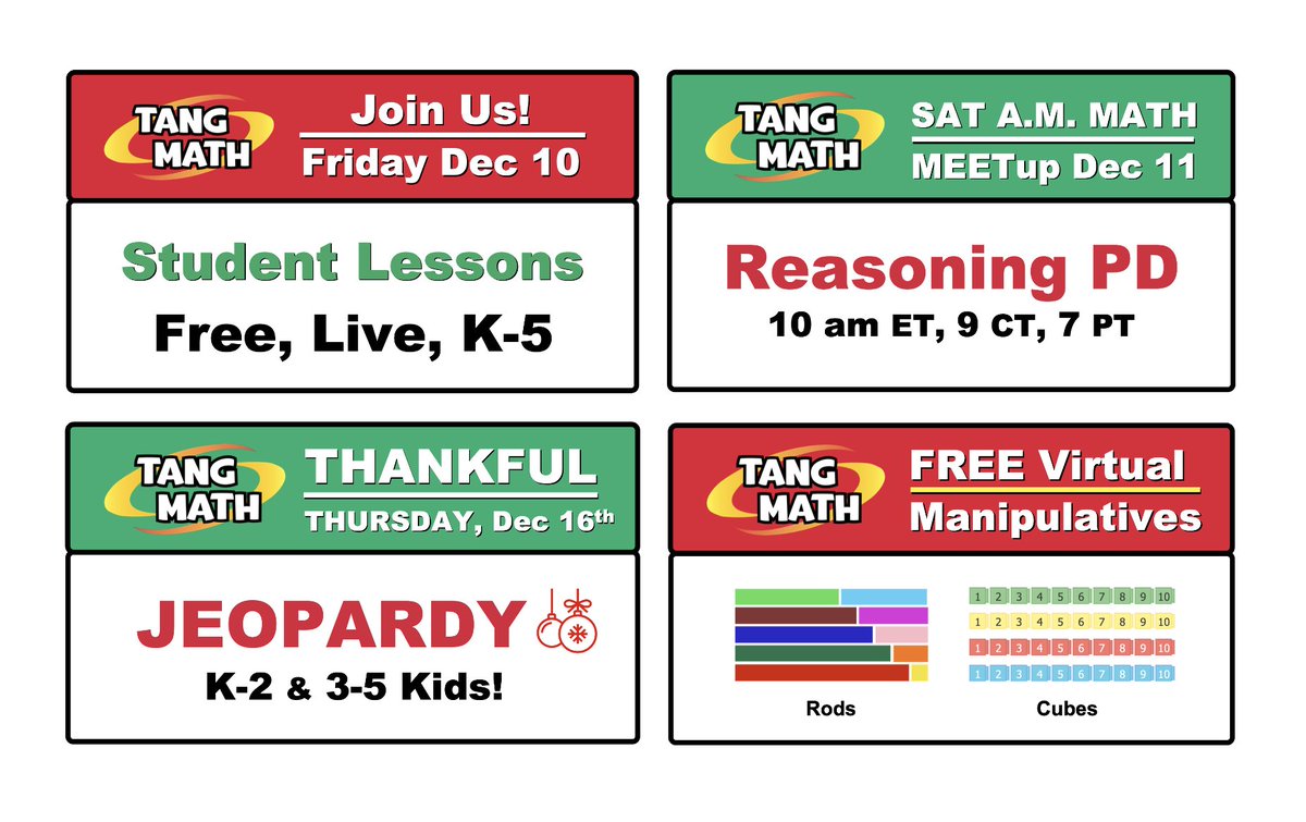 Save your valuable PD $s! Our student lessons, enrichment sessions, and teacher PD are FREE. My goal is to show firsthand with real live students what's possible, what works, what's effective, what's needed, what's fun. 'Tis the season for JOYful learning!
TangMath.com/UP