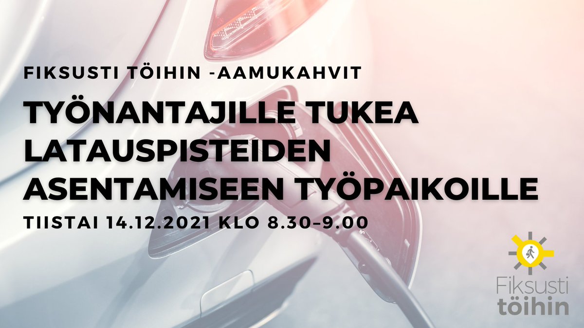 Fiksusti töihin -aamukahveilla 14.12.2021 kerrotaan uudesta työpaikkakiinteistöjen latauspisteiden avustuksesta, joka tulee haettavaksi v. 2022.

Ilmoittaudu mukaan! 

fiksustitoihin.fi/ajankohtaista/…

<a href="/ARAviesti/">Asumisen rahoitus- ja kehittämiskeskus</a> <a href="/yministerio/">Ympäristöministeriö</a> <a href="/MotivaOy/">Motiva</a> @Nurkkala12 #latausinfra