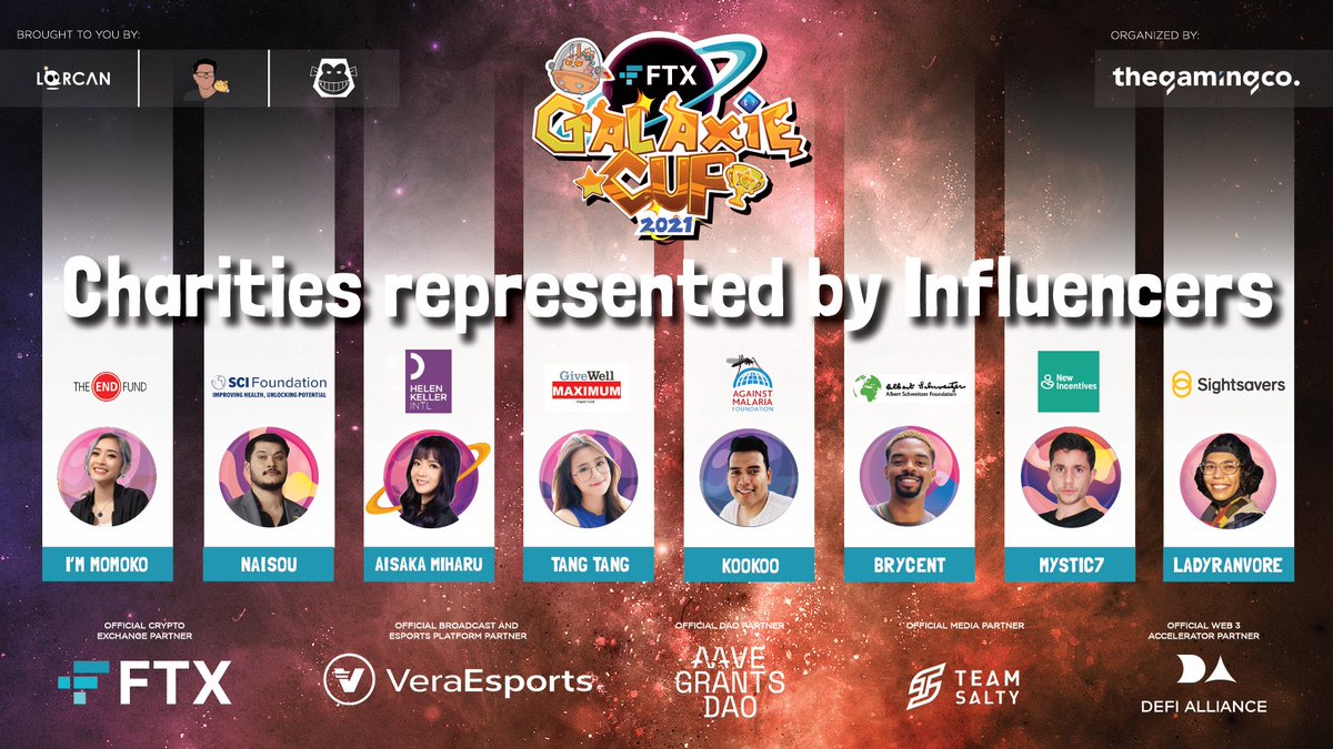 GalaxieCup's tweet photo. Here's the list of charities represented by our influencer. 

The prize pool will be 100% donated to these charities based on the influencer's placement in the Influencer Tournament https://t.co/jtQSYHYFCn