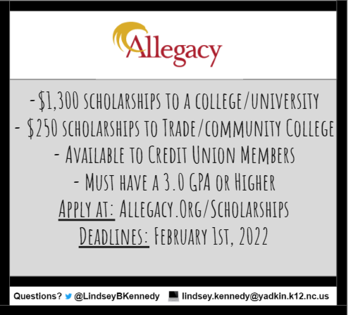 LindseyBKennedy's tweet photo. It's Black Friday! Why not get a sweet deal on your college education? Check out this week's #FreeMoneyFriday! It is the @Allegacy Mel Hughes Scholarship. You must be a Credit Union member with a 3.0 GPA or higher. Apply by February 1st! ππ΅π° @ForbushHS #FHS22 https://t.co/zHkkUA59Iy