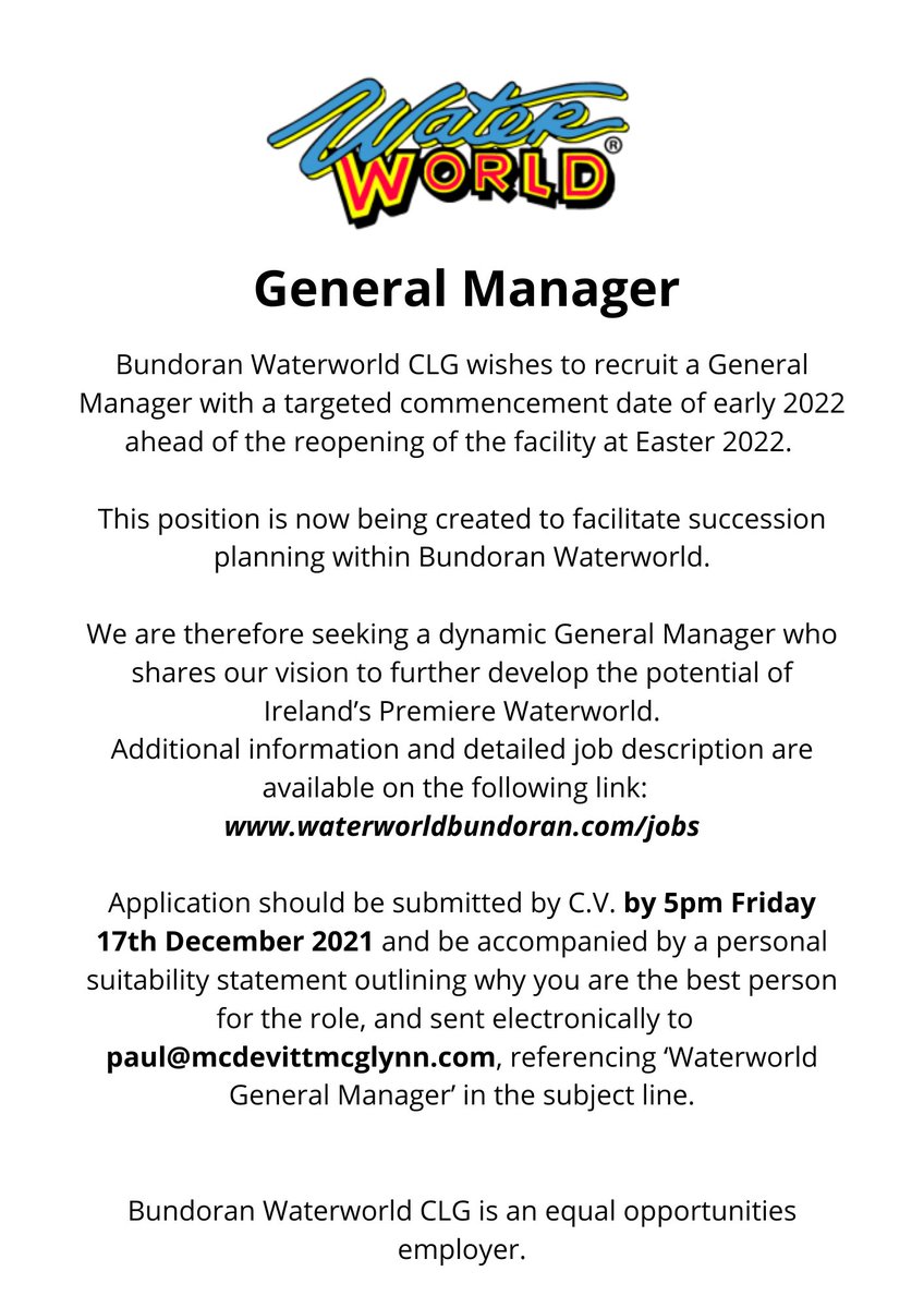 We’re hiring! 
For more see waterworldbundoran.com/jobs/

#JobFairy