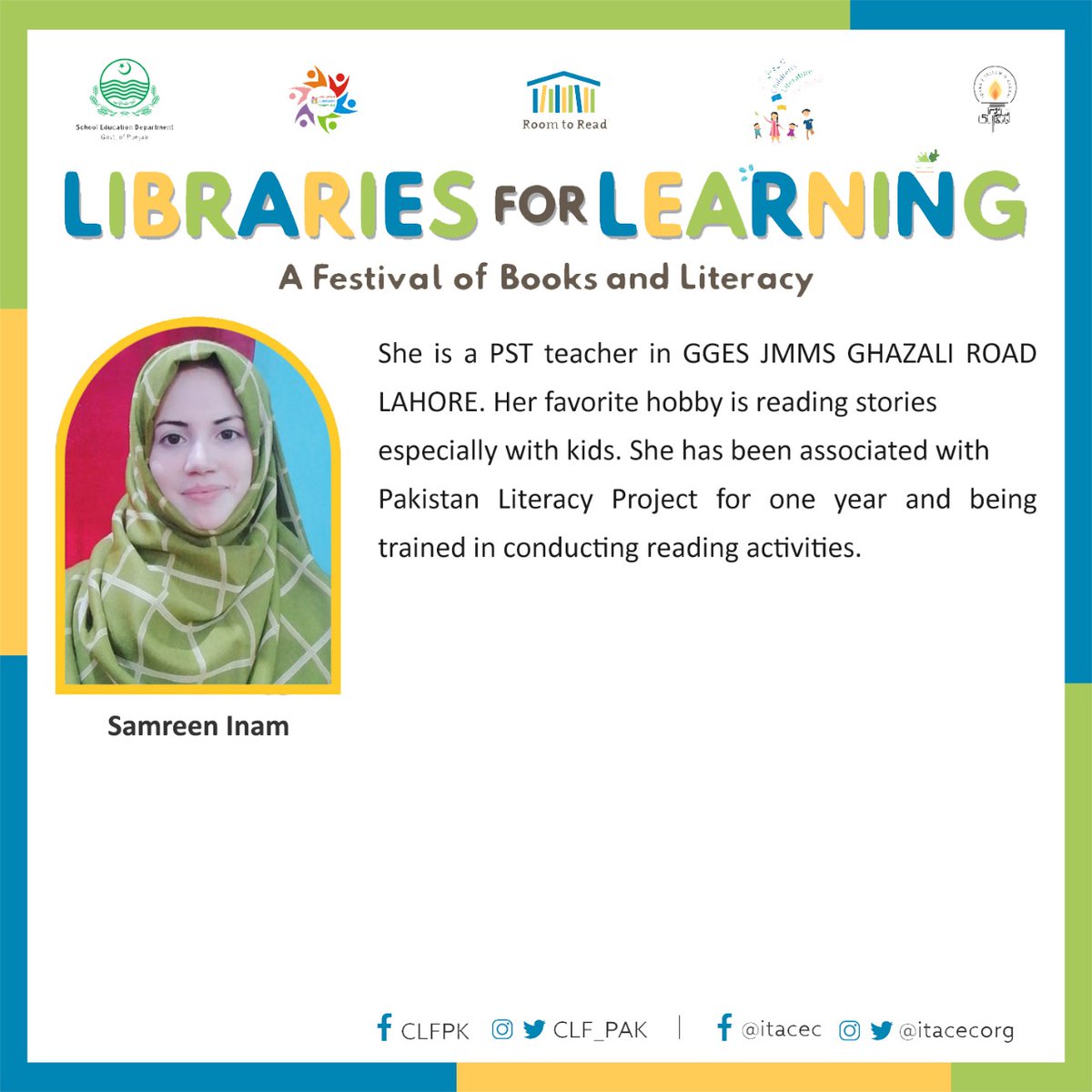 plf_pk's tweet image. Teachers from Govt Girls Elementary School JMMS Ghazali Road will be the resource persons at Libraries for Learning festival in Lahore

Date: 30 Nov, 2021
Venue: @CLC_Lahore
Time: 9am-2:00pm.

#PakistanLiteracyProject #CLFLahore @RoomtoRead @SchoolEduPunjab @BaelaJamil