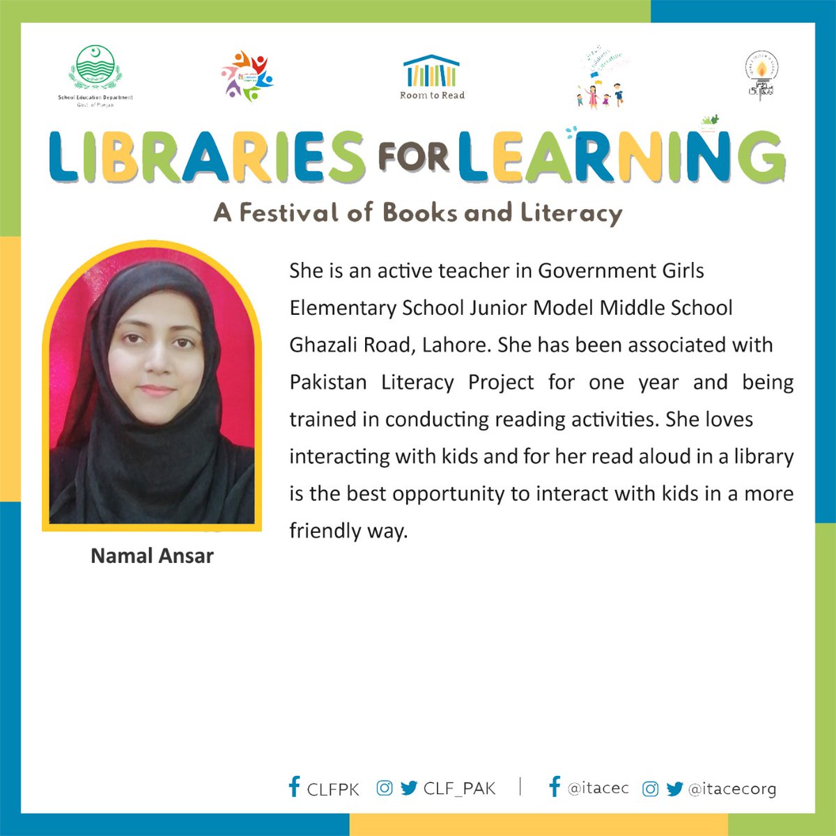 plf_pk's tweet image. Teachers from Govt Girls Elementary School JMMS Ghazali Road will be the resource persons at Libraries for Learning festival in Lahore

Date: 30 Nov, 2021
Venue: @CLC_Lahore
Time: 9am-2:00pm.

#PakistanLiteracyProject #CLFLahore @RoomtoRead @SchoolEduPunjab @BaelaJamil