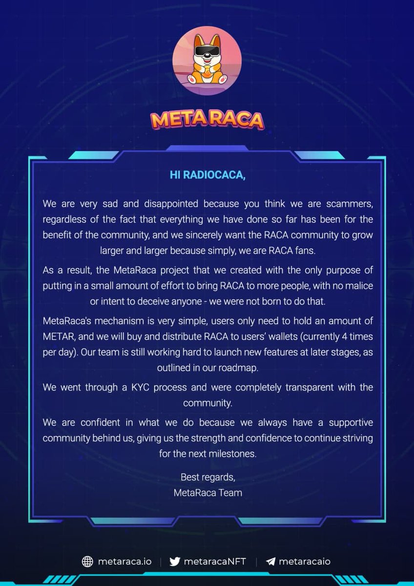 metaracaNFT's tweet photo. 👋Hi @RadioCacaNFT ,

🙌We're MetaRaca, we're doing our best to benefit our community and we are confident in what we do because we always have a supportive community behind us, giving us the strength and confidence to continue striving for the next milestones.

🎉Cheer! https://t.co/EYup7ZtBWJ
