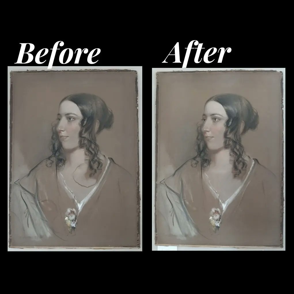 paperworksliz's tweet photo. It was a privilege to work on this stunning chalk pastel by Frederick William Burton (1816-1900) from @ClareCoMuseum.
Two stains in the body area and tears in the hair area were reduced. 
#PaperworksStudio #paperconservation #frederickwilliamburton 
@clarecountycouncil 
@ICRI__ https://t.co/SL0Sibe2CX