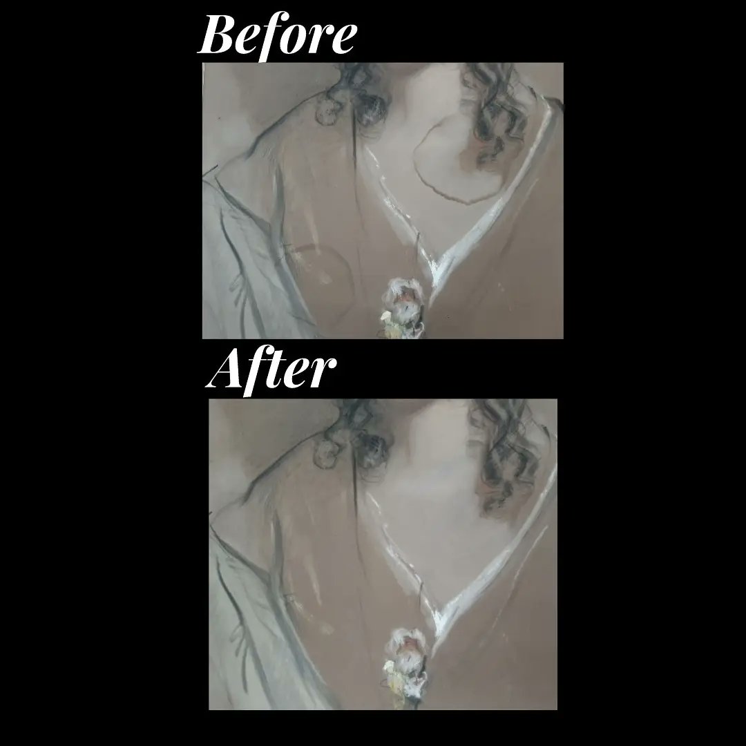 paperworksliz's tweet photo. It was a privilege to work on this stunning chalk pastel by Frederick William Burton (1816-1900) from @ClareCoMuseum.
Two stains in the body area and tears in the hair area were reduced. 
#PaperworksStudio #paperconservation #frederickwilliamburton 
@clarecountycouncil 
@ICRI__ https://t.co/SL0Sibe2CX
