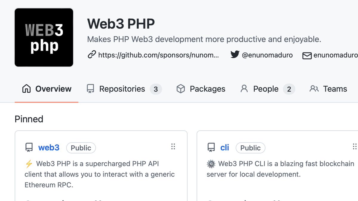 enunomaduro's tweet image. My ultimate goal with this project is to end up with a set of high-quality tools for Web3 development. In addition, a repository full of demos using PHP/Laravel. So you can see some real "dapps" in action. ✅
All of this, using our favorite language. 🐘
github.com/web3-php