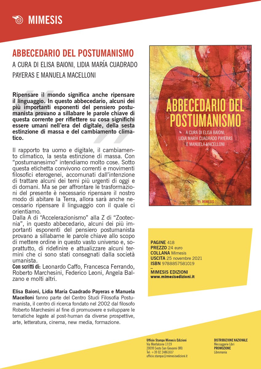 lidiamcuadrado's tweet photo. L'Abbecedario del postumanismo, che ho co-curato insieme a Elisa Baioni e Manuela Macelloni, è gia disponibile su tutti i punti di vendita! Lo trovate qui @MimesisEdizioni: https://t.co/2Gw4yNydsB.  . #academicchatter #postumanismo #postumanesimo #booktwitter #phdchat https://t.co/wjmYaZztbQ