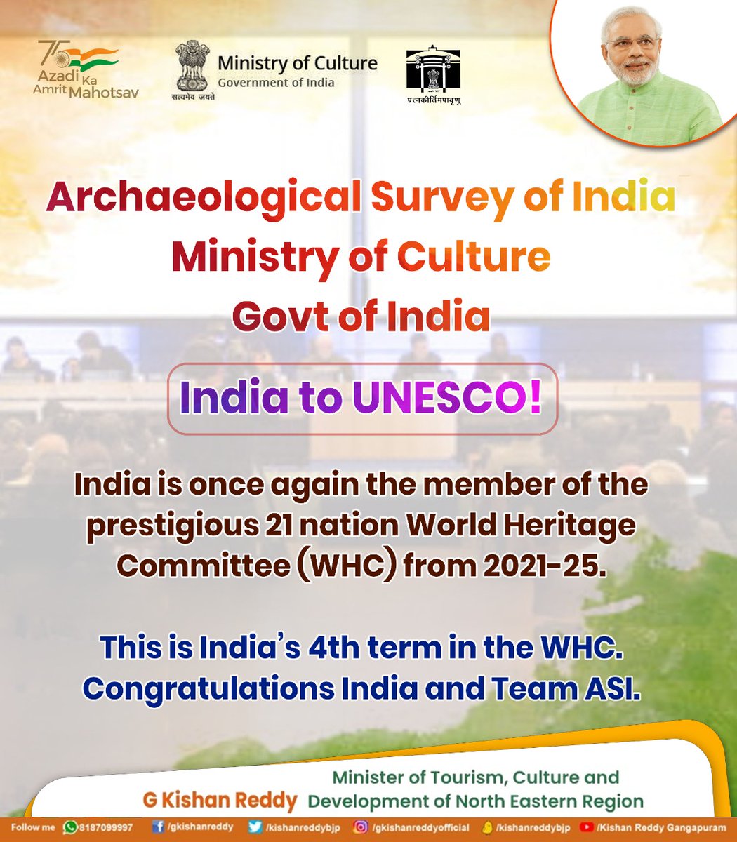 kishanreddybjp's tweet photo. India is once again the member of the prestigious 21 nation World Heritage Committee (WHC) from 2021-25.

𝗧𝗵𝗶𝘀 𝗶𝘀 𝗜𝗻𝗱𝗶𝗮'𝘀 𝟰𝘁𝗵 𝘁𝗲𝗿𝗺 𝗶𝗻 𝘁𝗵𝗲 #WHC

Congratulations 🇮🇳 &amp; Team 
@ASIGoI. @MinOfCultureGoI https://t.co/fVlokwqCJ6