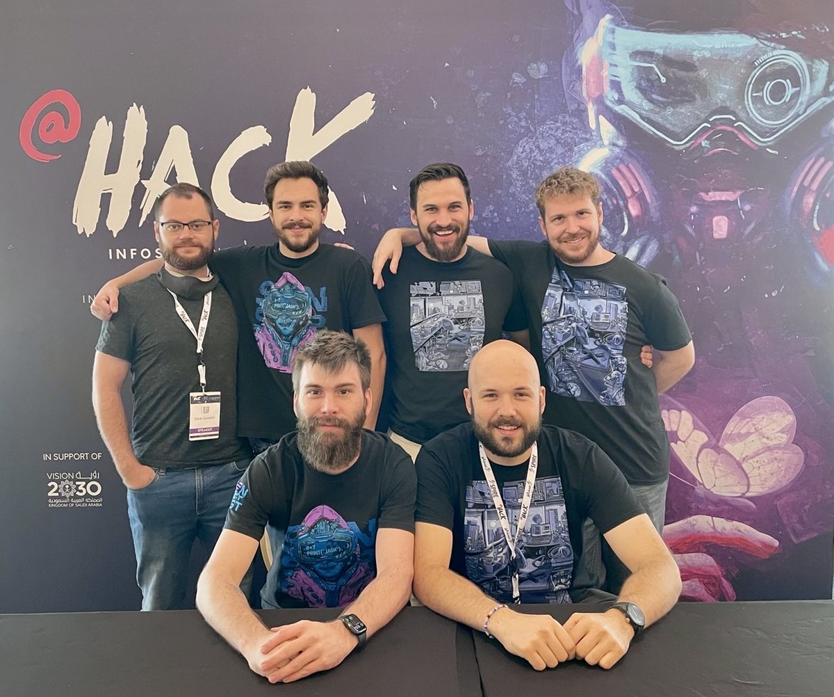 The crew! @athackcon has been amazing. Saudi has been amazing. Training's pretty darn good. Conference has a great line up. Jason is one happy dude. Thanks <a href="/sensepost_train/">SensePost Training | Orange Cyberdefense</a> <a href="/orangecyberdef/">Orange Cyberdefense</a> <a href="/sensepost/">Orange Cyberdefense's SensePost Team</a> @athackcon <a href="/SAFCSP/">الاتحاد السعودي للأمن السيبراني والبرمجة والدرونز</a>