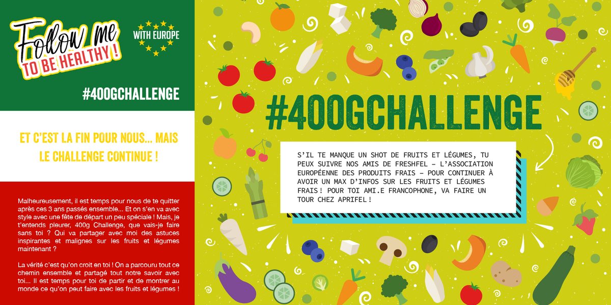 Il est presque temps pour nous de te quitter… 😭😭😭 Mais le #400GChallenge continue - On croit en toi ! Continue comme ça ! 💪🍓🍏🥗🌽 

400gchallenge.eu/resources/