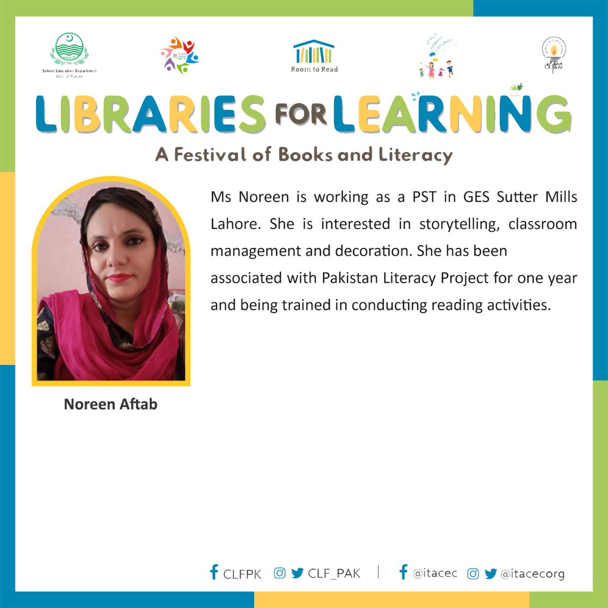 plf_pk's tweet image. Ms. Noreen, a teacher from GES Sutter Mills will be the resource person at Libraries for Learning festival in Lahore

Date: 30 Nov, 2021
Venue: @CLC_Lahore
Time: 9am-2:00pm.

#PakistanLiteracyProject #CLFLahore @RoomtoRead @SchoolEduPunjab @BaelaJamil