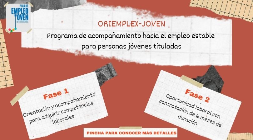 sexpeemplea's tweet photo. 🆕 Nuevo programa de acompañamiento hacia el empleo estable para personas jóvenes tituladas, Oriemplex-Joven.

🔎 Conoce los detalles de esta medida incluida en el Plan de Empleo Joven de Extremadura. 

https://t.co/wiUdtQrqPt https://t.co/3B2iHUb6z4