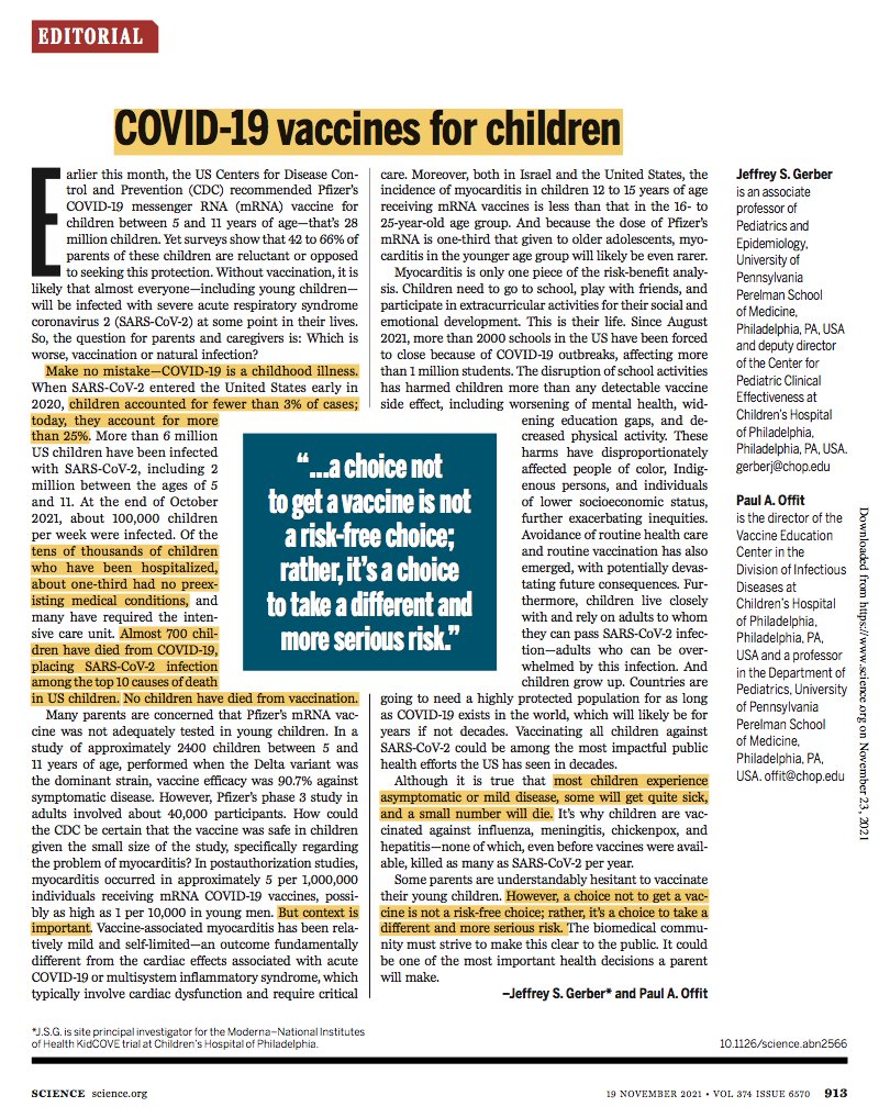 gorka_orive's tweet photo. Vacunar a los menores. Editorial de Science.
"...La mayoría de menores son asintomáticos, pero algunos sufrirán COVID19 grave y algunos fallecerán. No vacunarse no es una decisión sin riesgo. De hecho, es una decisión que provoca un gran riesgo." https://t.co/MoNb4Kq4xB https://t.co/K4CfAkLWlK