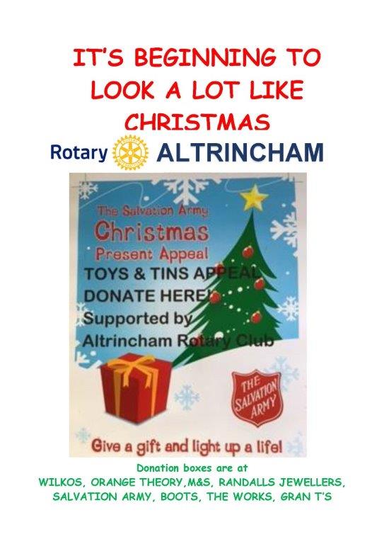 Altrincham Rotary  with Salvation Army collecting for nearly TEN years BE A STAR and buy an extra toy,tin of food or chocolate treats to help others who may not get anything the Christmas .Drop one off in one of our boxes in Altrincham @stephen_woods @stephenjmchugh
