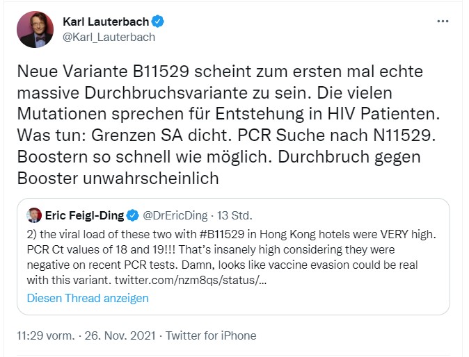 Man weiß nicht wirklich viel über #B11529, aber Karl Lauterbach weiß jetzt schon, dass ein Durchbruch gegen die Booster unwahrscheinlich ist. Ein wahres Genie.