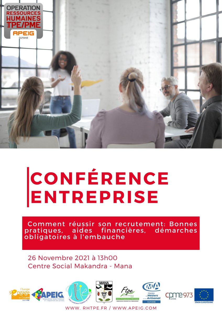 Rhtpe_Apeig's tweet photo. Le 26 Novembre a lieu à Mana, une conférence entreprise dans le cadre des matinées de l apeig @Apeig973. 30 entreprises attendues "Comment réussir son recrutement?"@RHTPE29 @CTdeGuyane @CCOuestGuyane @Tlechatvega @GabrielServille @Apeig973 @AVEmploi https://t.co/WWkY2HKs72