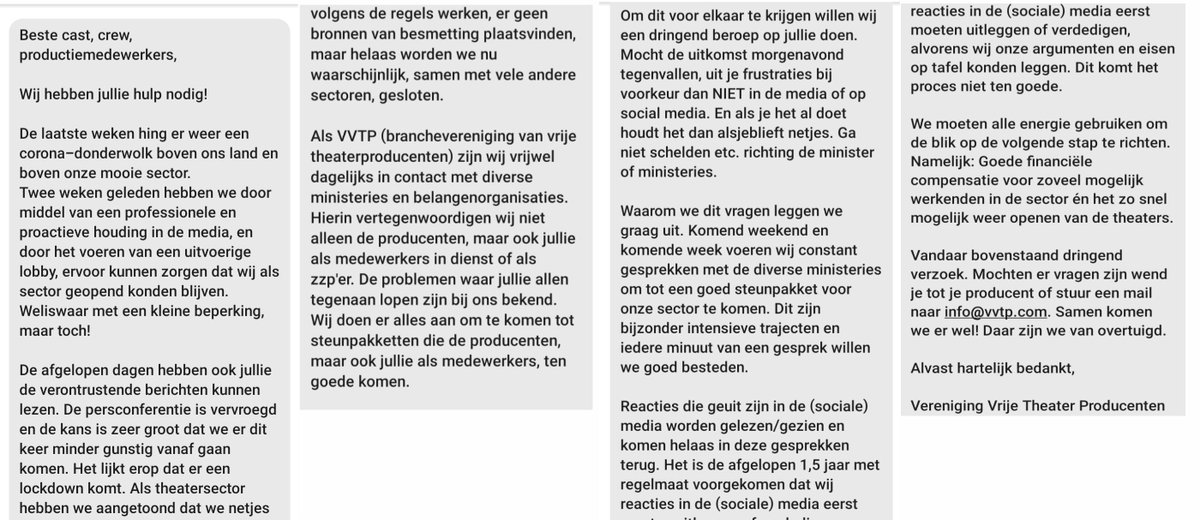 Yorienvdh's tweet photo. Hier de hele tekst van de brief. Benieuwd wie dat #zwijggeld zonder morren gaat accepteren.... #VVTP #ikdoenietmeermee #theaters https://t.co/7W3XkYo0mk