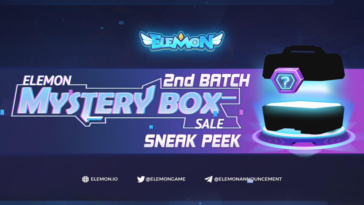 🔥 ELEMON MYSTERY BOX SALE 2ND BATCH 🔥
 
🌟Tentative time: NOV 29, 2021
🌟Elemon Mystery Box will be sold in ELMON
🌟Price will be calculated reasonably
🌟50% ELMON from Box sale will be burnt, the rest 50% will be devoted to the staking rewards of Box owners (1st &amp; 2nd batch)