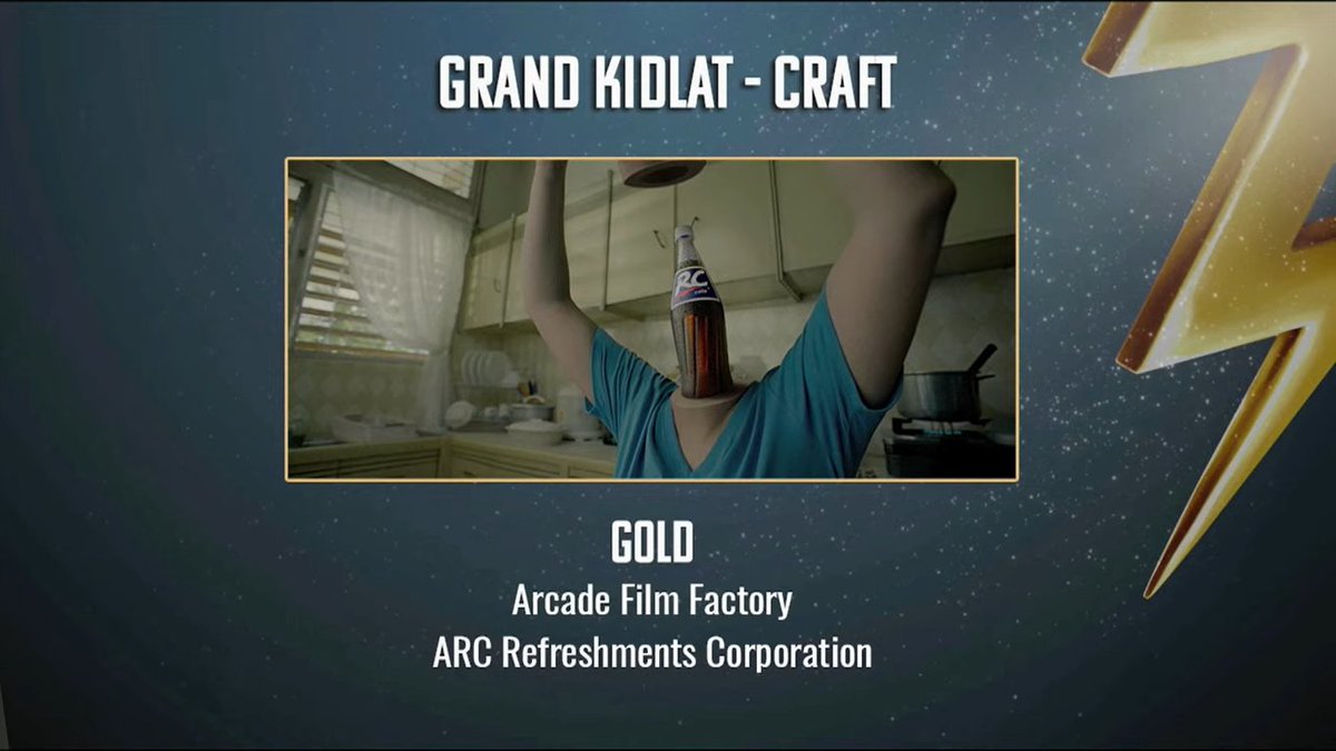 adobomagazine's tweet photo. Arcade Film Factory brings home the Grand Kidlat for Craft with for their Gold campaign for ARC Refreshments Corporations.
#CreativeFest
#CreativityUnlocked https://t.co/dlCPDtJqED