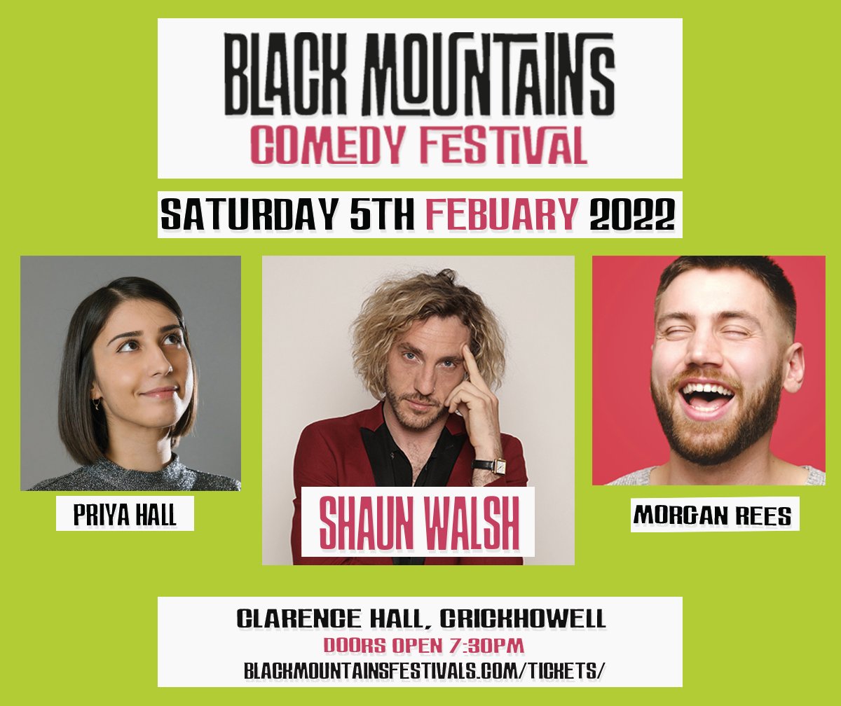 🚨Black Mountains Comedy Festival is Back!🚨Tickets now on sale to see some amazing acts for 3rd - 5th Feb 2022. We can't wait to welcome Bridget Christie, Seann Walsh, Joe Wells and our old friend, Ross Smith to Crickhowell. Tickets: blackmountainsfestivals.com/tickets/