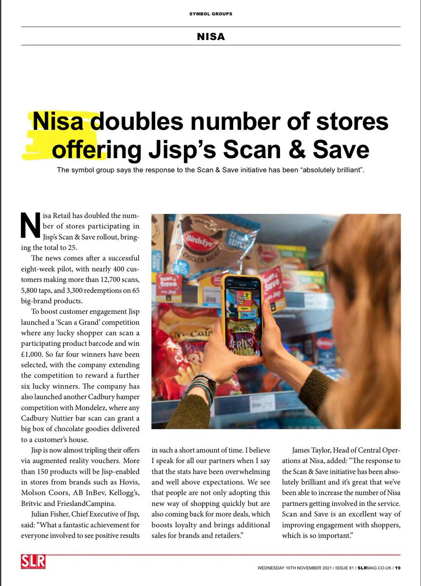 NisaRetail's tweet photo. The @jispapp is working brilliantly in @NisaRetail partner stores. Shoppers are downloading the app, scanning, saving and coming back again and again.
It's a great way to boost loyalty in independent retail.
Read all about it ππ»
#jispit #scanandsave https://t.co/DRg9CHuaxJ