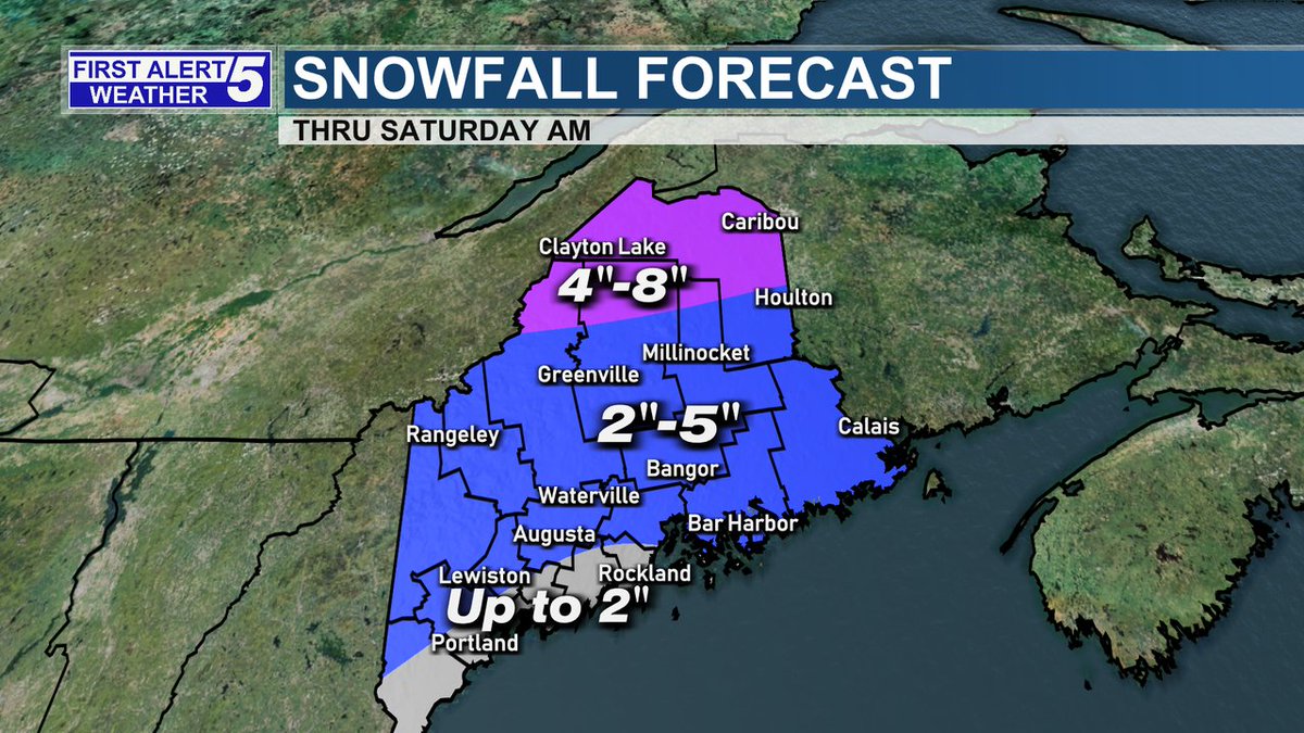 Accumulating snow expected for much of the state later today and tonight. Much of the area including Downeast will see 2"-5" of snow by early Saturday morning. Higher amounts of 4"-8" expected across the far north. Use caution on the roads if you're travelling. #firstalert #mewx