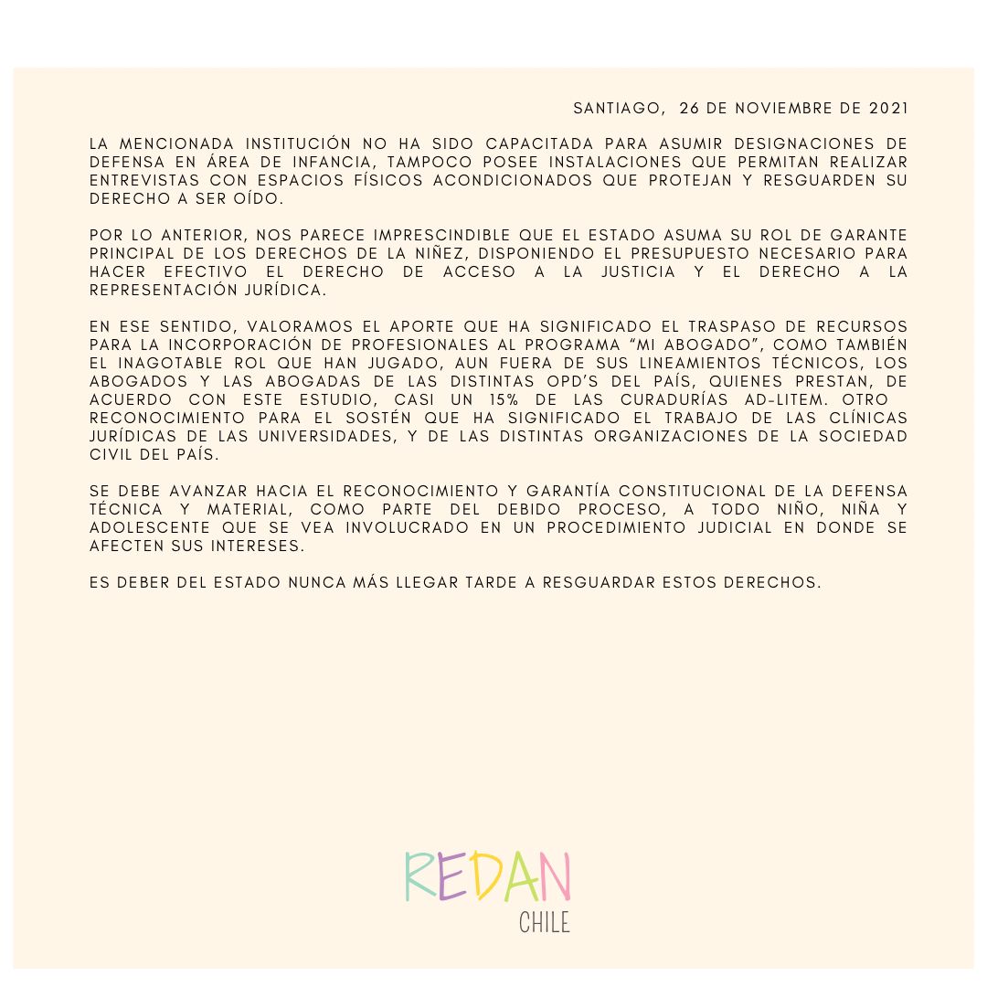 RedanChile's tweet photo. ¡Declaración Pública! A propósito de la situación actual en lo que respecta a la representación jurídica de NNA... A leer y difundir! #Derechosdelosniños #Infancia #Adolescencia #RedanChile https://t.co/DYKG0RWtJu
