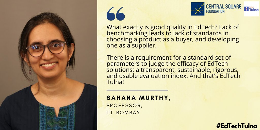 CSF_India's tweet photo. Sahana Murthy, Professor, @iitbombay, talks about why there is a need for a standard set of parameters in #EdTech.
#EdTechTulna https://t.co/HLkGB9CH1L