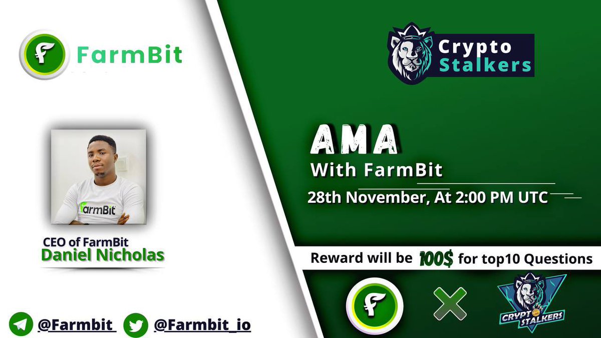 📢 We're thrilled to announce our next #AMA with @farmbit_io on 28th Nov at 2:00 PM UTC

💰 Reward Pool: 100$
📍 Venue: t.me/thecryptostalk…
〽️ Rules:
✅ Follow @StalkersCrypto &amp; @farmbit_io 
✅ Like &amp; Retweet
✅ Comment Questions &amp; Tag 3 Friends with BEP20 address