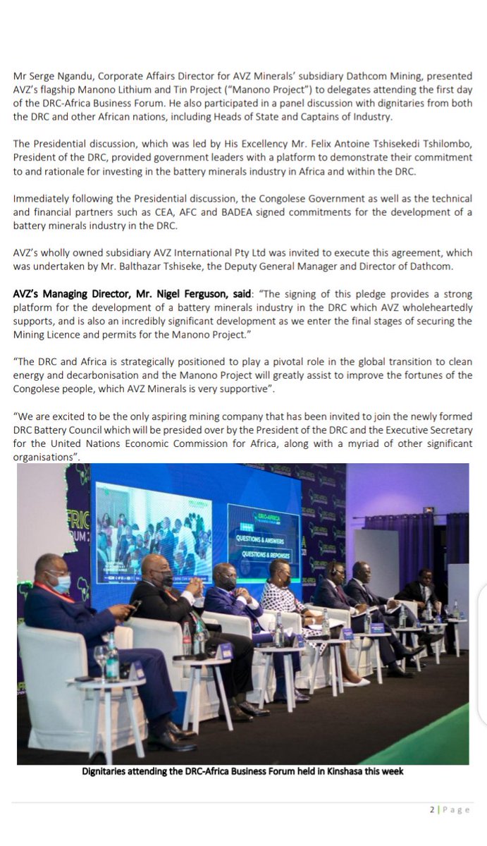 DRCAFRICAFORUM's tweet photo. Dans un communiqué de presse du 26/11/2021, la firme @AvzMinerals affirme qu'après la signature de l'acte d'engagement pour le développement d'une chaîne de valeur durable des #batteries, elle va rejoindre le nouveau #Conseil_de_la_batterie de la #RDC 🇨🇩👏🏽 #DRCAfricaBusinessForum https://t.co/2bl4mteSNZ