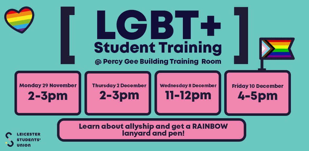 LGBT+ Student Training in the Percy Gee Training Room is taking place over two weeks. Individuals will get rainbow lanyards and pens at the end! If you can’t come, don’t worry! I will be putting on more sessions in Semester 2!