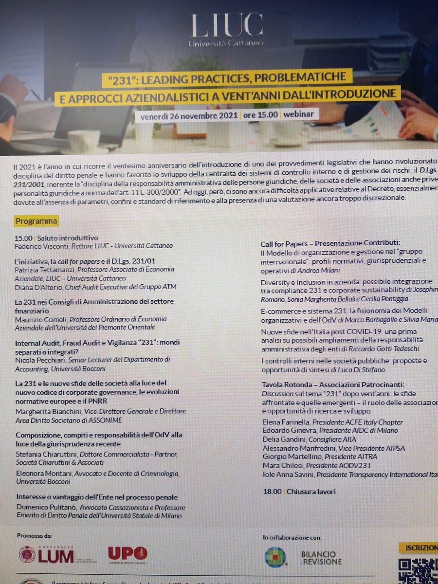 rgottitedeschi's tweet photo. Oggi parteciperò al convegno organizzato da @UniLIUC per presentare l'ultimo numero monografico di #BilancioeRevisione @Wolters_Kluwer dedicato ai 20 anni del #Decreto231 e per riflettere su evoluzione del #Modello231: da scudo per le imprese a ispiratore di nuovi standards. https://t.co/1zak7ZiXLm