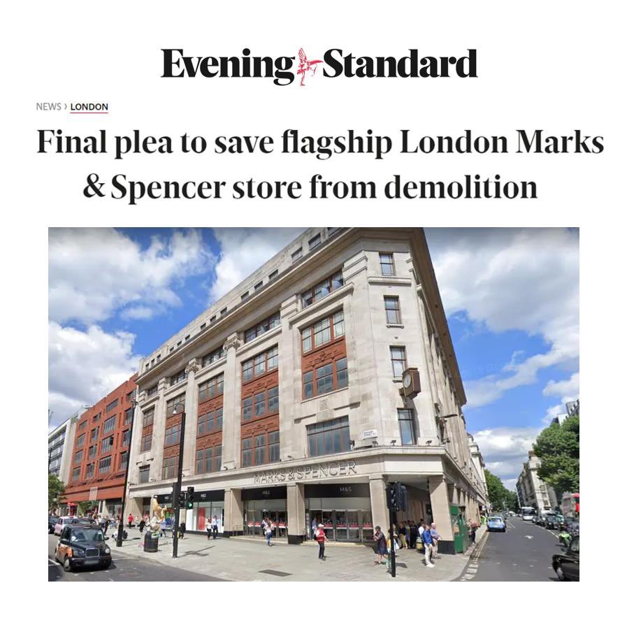 C20Society's tweet photo. It’s been good to see extensive coverage of the Marble Arch M&amp;S store demolition over the past 24 hours - watch out for C20 director @catherinecroft on @BBCLondonNews tonight at 6.30pm 👀 #C20Campaigns https://t.co/xZ6cYRof12