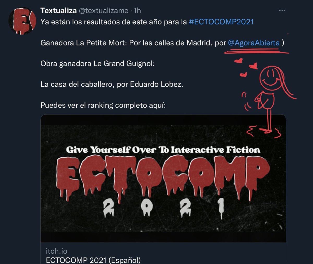 AgoraAbierta's tweet photo. Muy muy feliz de que este esto improvisado haya ganados dos #gamejams! Que se dice pronto. Gracias a @textualizame y #ectocomp2021 y @JMadridCrea https://t.co/PnN4ITg8wK