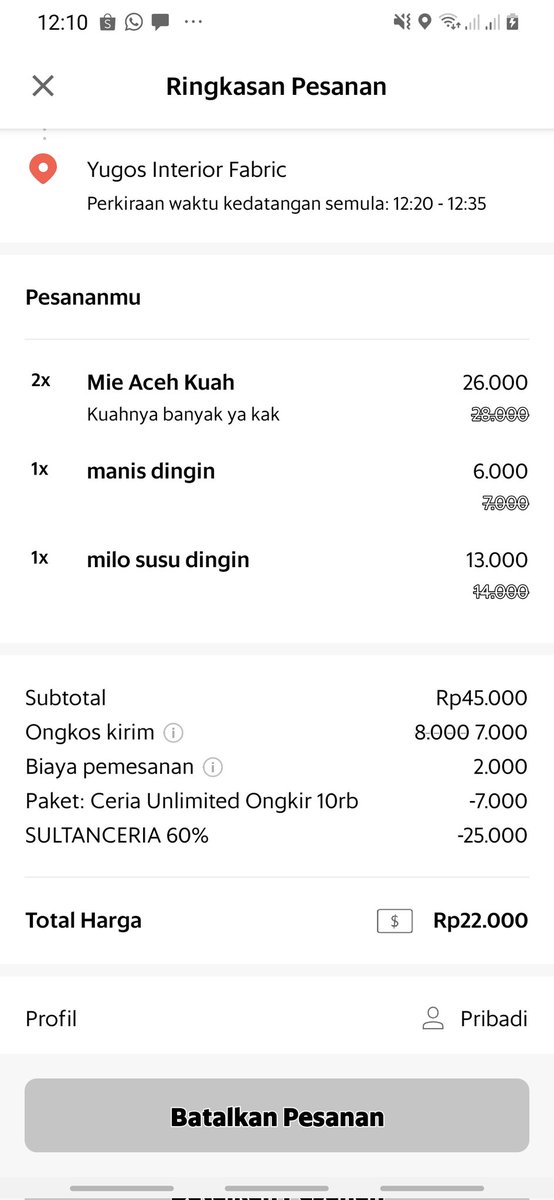riscashb's tweet photo. Gokil bgt aku baru aja pesan GrabFood Mie Aceh+Minuman bisa gratis ongkir sebanyak ini dan pake kode promo SULTANCERIA 60% jadi lebih hemat #NgeGrabFoodCeria #Makanthon https://t.co/5JsoSgI6CQ