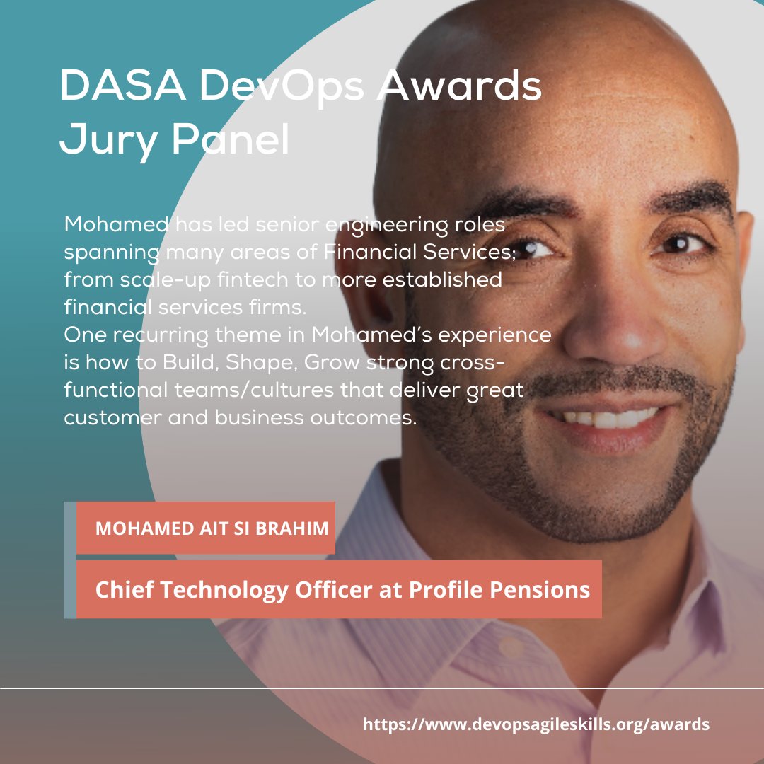 We are thrilled to present you our DASA DevOps Awards Jury Panel!

Mohamed Ait Si Brahim has led senior engineering roles spanning many areas of Financial Services; from scale-up fintech to more established financial services firms. 
bit.ly/3xpyJwc

#DevOpsAwards #Jury