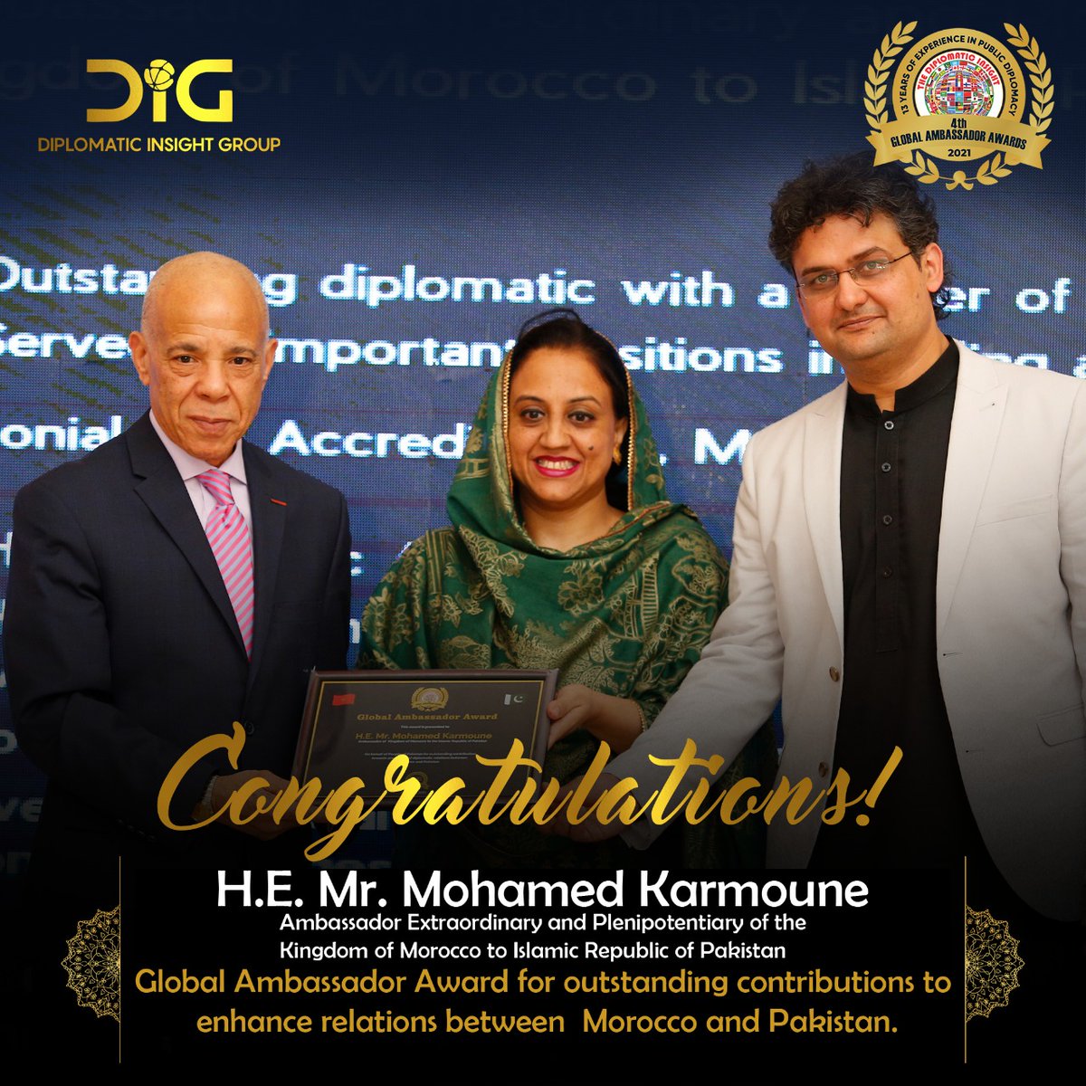 DiplomaticIns's tweet photo. #Congratulations to H.E Mohamed Karmoune #Ambassador of #Morocco to Pakistan for receiving #GlobalAmbassadorAward organized by  
@DiplomaticIns @DiplomaticIn_Gr
 #publicdiplomacy #globalambassadorawards
@Marocdiplo_EN 
@FMPublicDiploPK @SMQureshiPTI @ForeignOfficePk @PakinMorocco https://t.co/C4QKrkzUbY