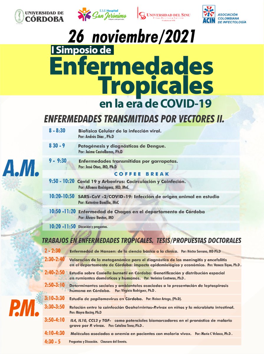Unicordoba_Col's tweet photo. #ConectadosConLaU.

✅I Simposio de Enfermedades Tropicales en la era de COVID-19

🗓️(HOY) 26 de noviembre

📍Auditorio William Montes Suárez del Hospital San Jerónimo de Montería 

#Unicórdoba #Estudiantes #IIBT
#COVID_19 #Enfermedades https://t.co/KHtzCAu6cZ