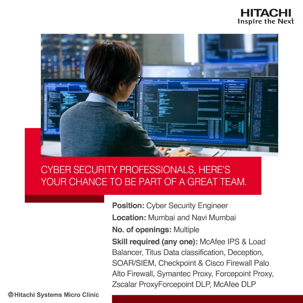 HitachiSysIndia's tweet photo. Our team of engineering geniuses are looking for like-minded #CyberSecurityEngineers. If you think you fit the bill, send your resumes to prerna.varshney.dq@hitachi-systems.com.
#Hiring #CyberSecurity #NowHiring #ApplyNow #Mumbai #NaviMumbai https://t.co/k1lV4Fombi