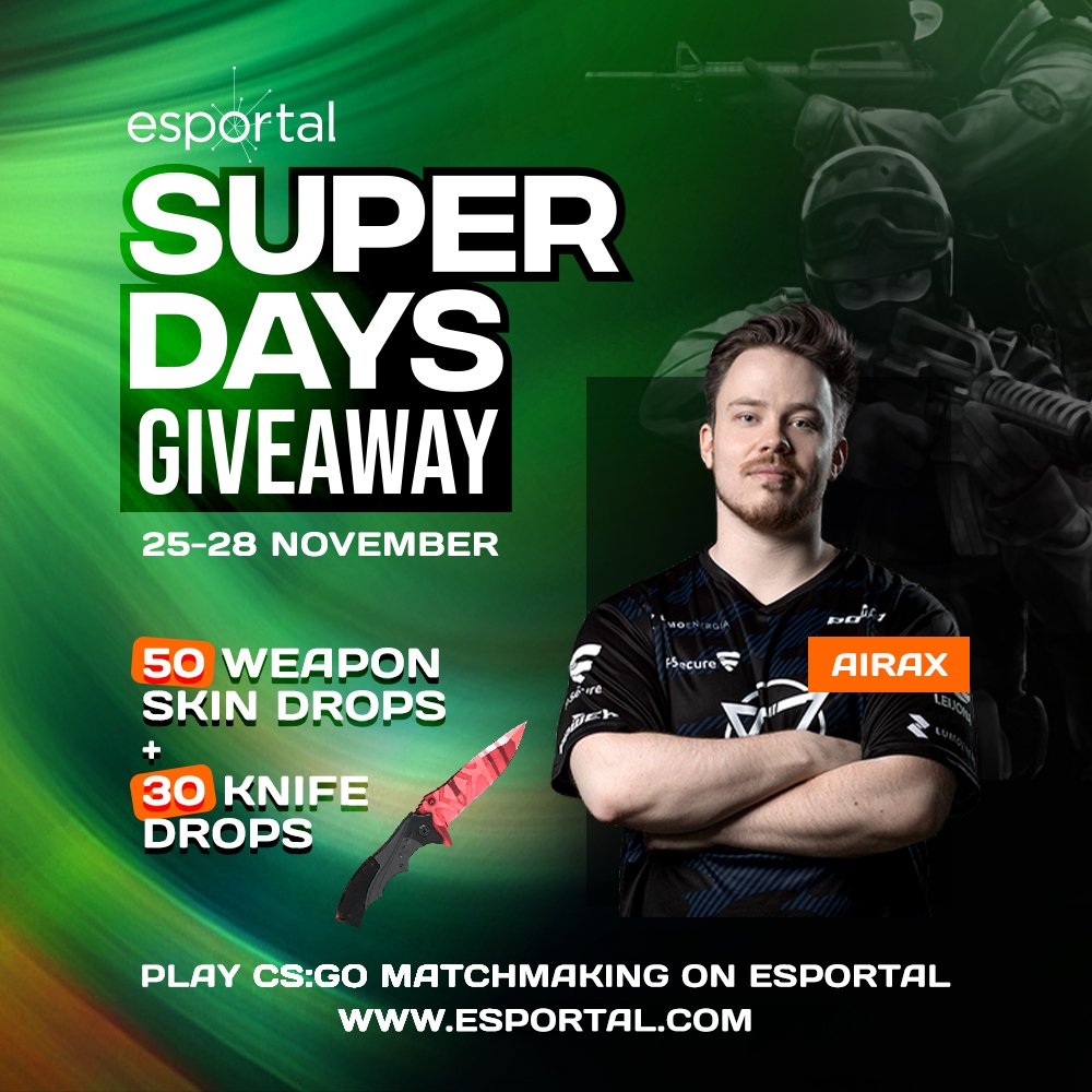 Hey 😎🖖 Esportal super days this weekend and will be hosting giveaway!
Read more here:  esportal.com/news/1571

How to join in the giveaway:
1. Retweet this Post
2. Follow @airaxcsgo &amp; <a href="/esportalfi/">EsportalFI</a> accounts to win this Nomad knife Slaughter FN
3. Tag your csgo buddies