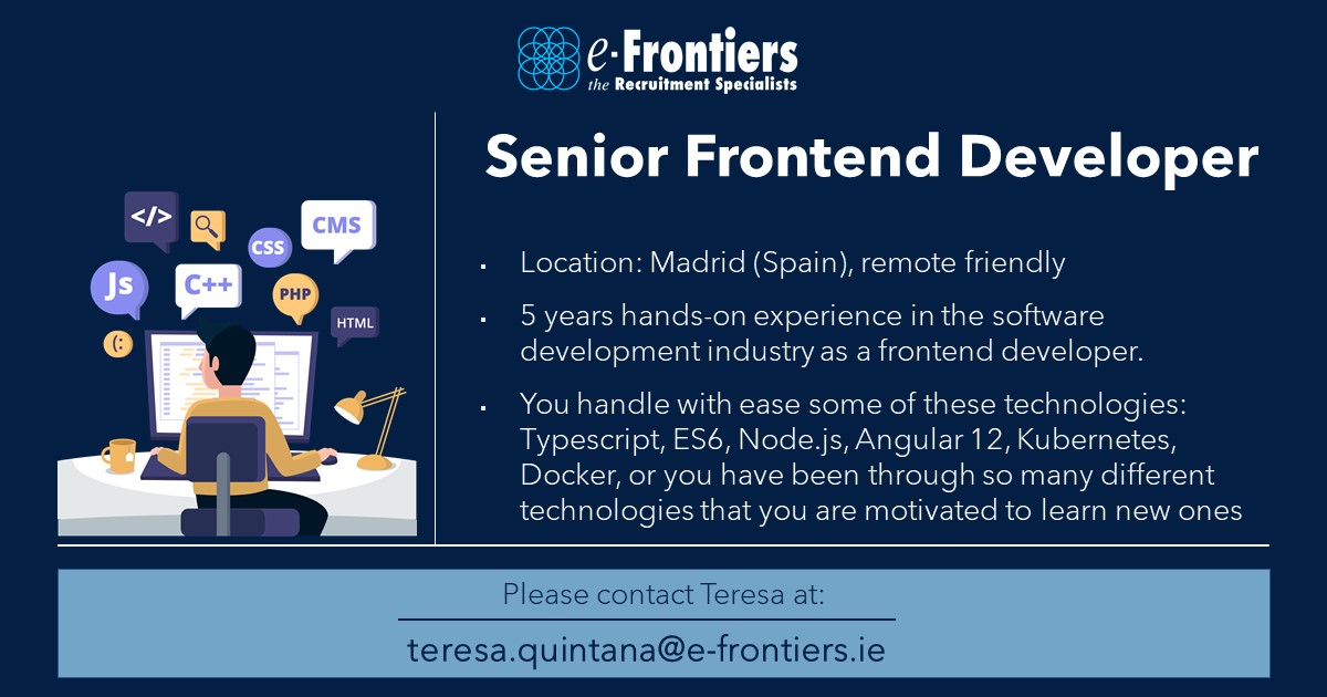 e_frontiers's tweet image. Do you want to be a member of one of the Great Places to Work in Europe? Do you want to be part of building something totally new?
👉 Send your CV to teresa.quintana@e-frontiers.ie today.
#seniorfrontenddeveloper #frontenddevelopers #jobsinspain #techjobalert #itjobopportunity