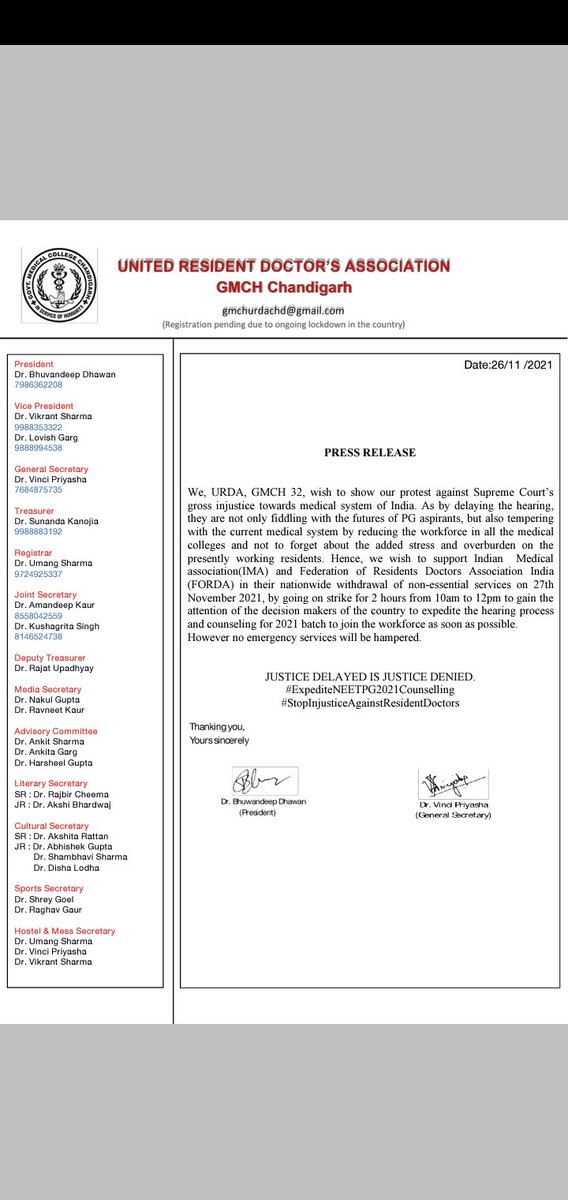 GmchUrda's tweet photo. #PressRelease : Tomorrow conducting strike as a protest against Supreme Court's injustice towards medical system and constant postponement of NEET PG 2021 counseling. 
#FORDA #ResidentDoctors #OPD services 
@thetribunechd @aajtak @ZeeNews @indiatvnews #NEETPG2021 @DainikBhaskar https://t.co/D4hrTHM7V6