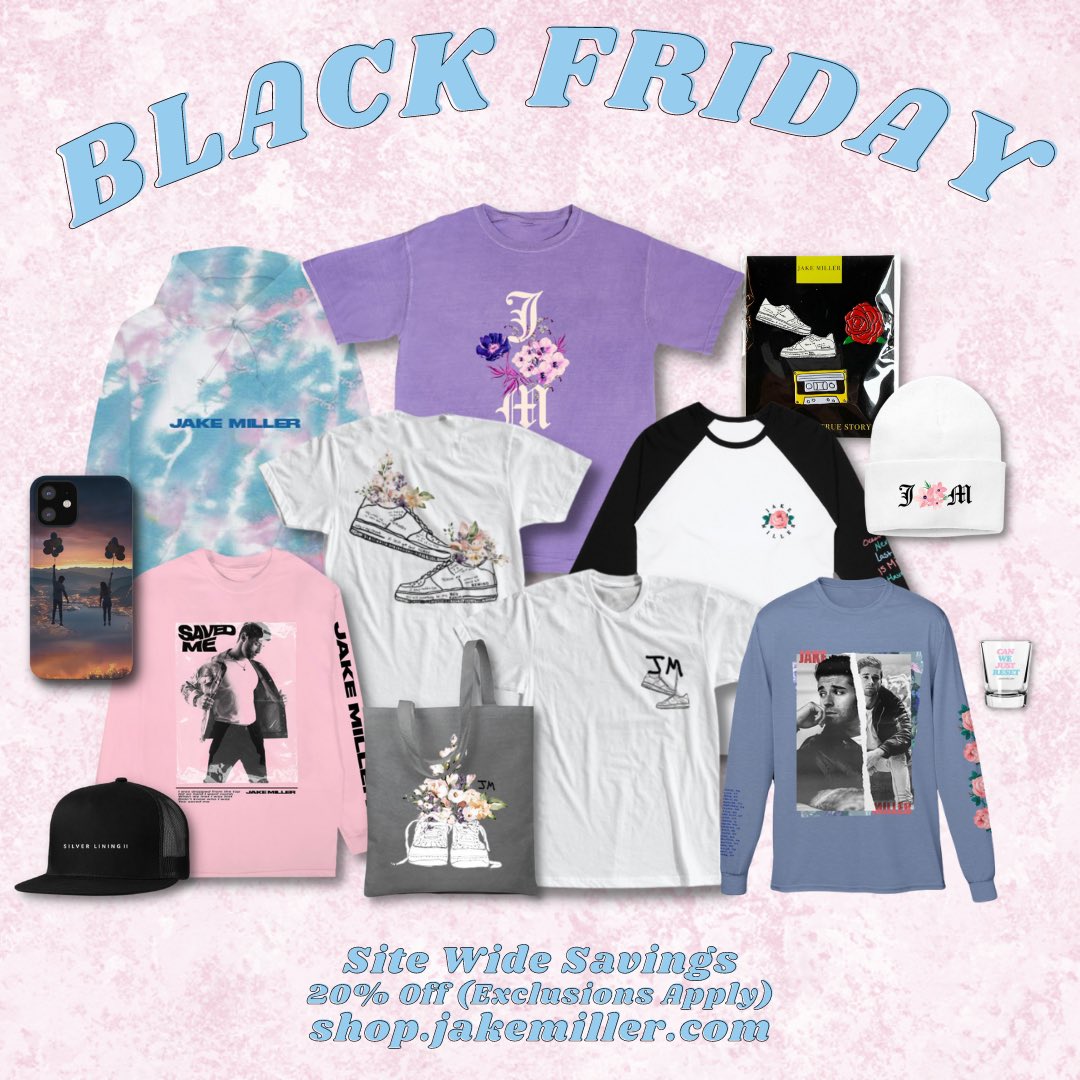 jakemiller's tweet photo. Happy Black Friday 🖤 20% off EVERYTHING including tour merch! https://t.co/cy0qUui4aZ https://t.co/2DdZ9Yqr1s